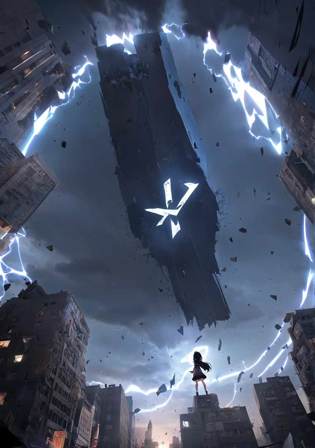 Breathtaking graphics, angle from the ground, shooting epic shots: a huge magic rune hovering over the city, breathtaking landscapes and impressive lighting effects that create impressive visual impressions, the destruction of the city, ((view from the ground: 1.2)), ((a girl with black hair in the foreground:1.2))