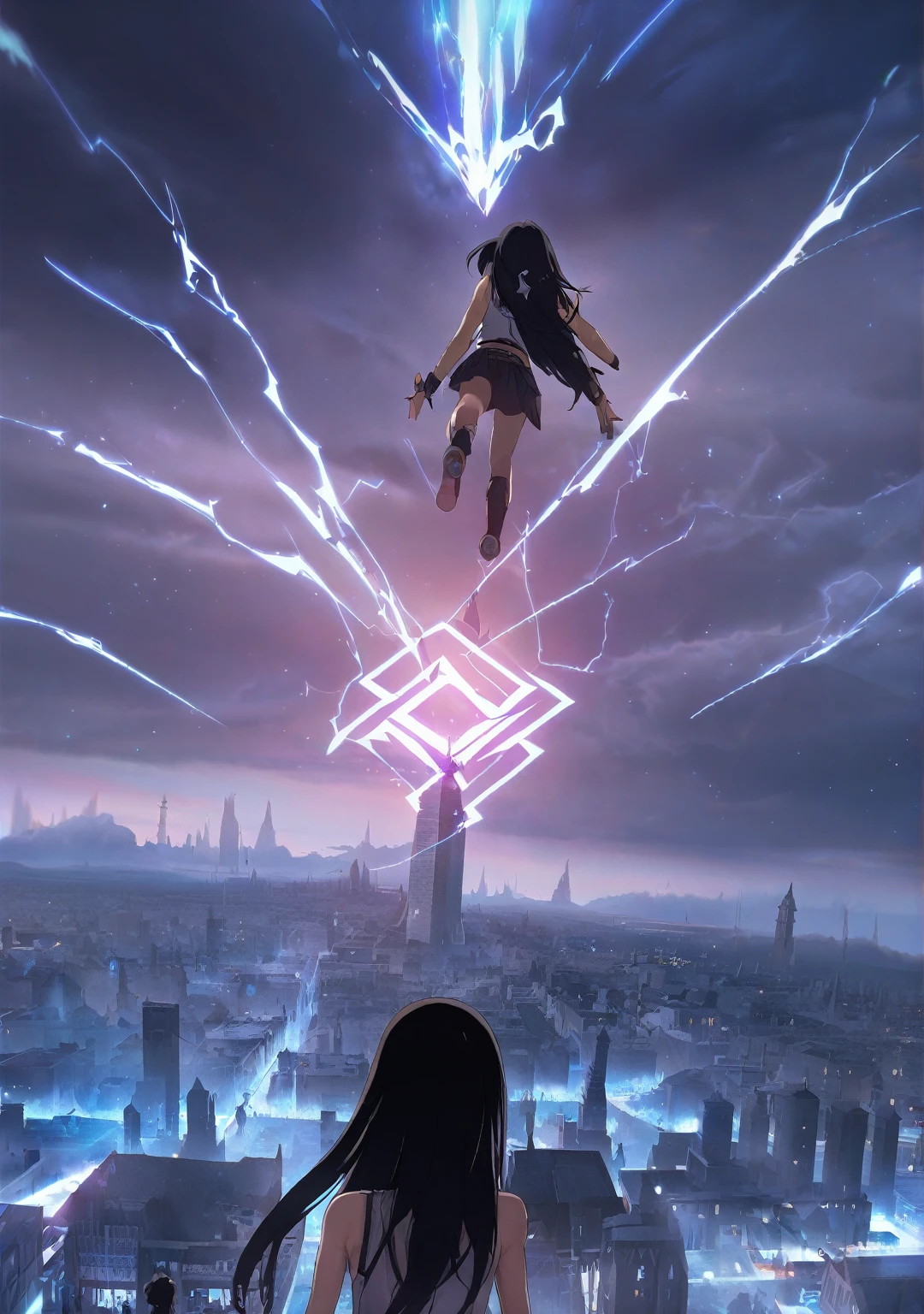 Breathtaking graphics, angle from the ground, shooting epic shots: a huge magic rune hovering over the city, breathtaking landscapes and impressive lighting effects that create impressive visual impressions, the destruction of the city, ((view from the ground: 1.2)), ((a girl with black hair in the foreground:1.2))