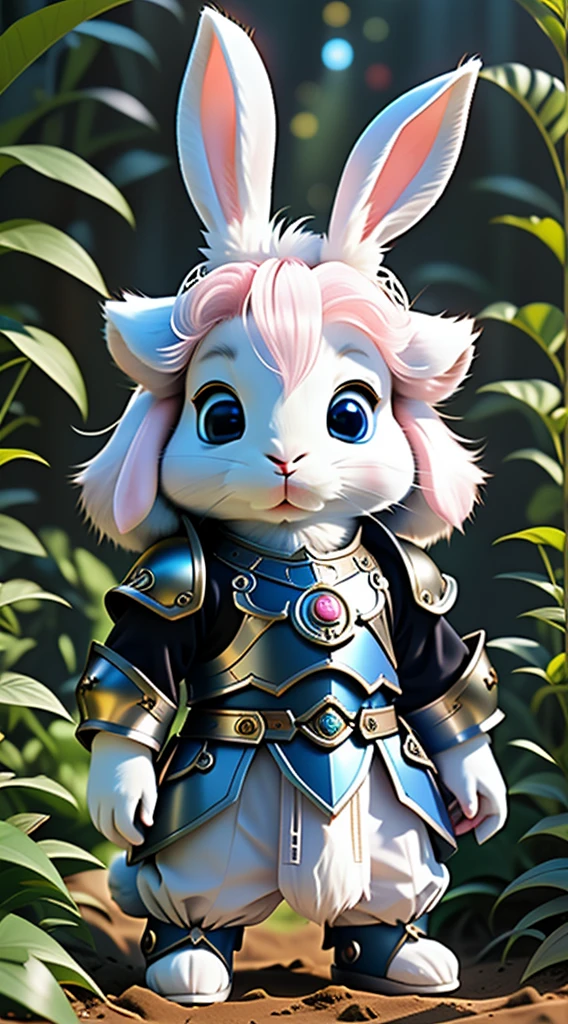 (best quality, Surreal:1.2), blue eyes, Stunning graphics, 3D version PlayStation 5, Wearing armor, there is a white rabbit that is standing in the dirt, drooping rabbity ears, Pale pointed ears, albino dwarf, Two pointed ears, Strong albinism, rabbit, 这只rabbit有粉红色的毛, She is about ************, Albino Mystic, the rabbit has pink fur, rabbit ears, white rabbit, Shot with Sony Alpha 9, Very handsome