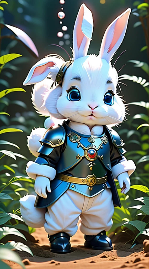 (best quality, Surreal:1.2), blue eyes, Stunning graphics, 3D version PlayStation 5, Wearing armor, there is a white rabbit that is standing in the dirt, drooping rabbity ears, Pale pointed ears, albino dwarf, Two pointed ears, Strong albinism, rabbit, 这只rabbit有粉红色的毛, She is about ************, Albino Mystic, the rabbit has pink fur, rabbit ears, white rabbit, Shot with Sony Alpha 9, Very handsome