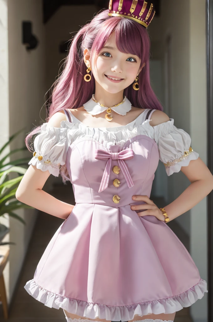 masterpiece、Highest quality、Absurd、One girl、solo、Heterochromia iridis(1.3)、Long Hair、Hair Ring、Candy Hair Ornament、crown、Earrings、- Detachable collar、Pink Dress、Shoulder out、Short sleeve、bracelet、Striped knee socks、smile、Arms behind back、indoor、city、:d、cute、Sparkling、