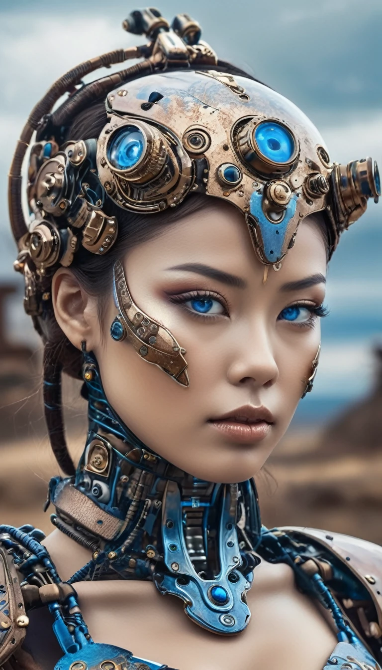 Women in the Edo period of Japan。Fantasy。Futuristic cyborg with a human-like body and face。Made from smooth metal and machine parts。Cyborg is depicted facing forward.、Blue eyes shining brightly、Conveying the feeling of another world。The metal parts are finely crafted、The seams and rivets become visible.、Increased realism of the depiction。Complex wiring。

The background of the image reflects a post-apocalyptic era.、Desolate landscapes and ruins stretch into the distance。The sky is an ominous hue、It alludes to a great disaster that changed the world.。The overall atmosphere evokes a sense of both awe and fear.、Highlight the contrast between the cyborgs&#39; advanced technology and the bleak atmosphere of their surroundings。

Lens Description:

Photo、Captures the intricate details of Cyborg&#39;s metal parts、You should shoot with a lens that enhances the sharpness and clarity of your image.。The lens is also、The contrast between the cyborg&#39;s futuristic appearance and the desolate background is emphasized.、Need to add depth and drama to the scene。This image is、Arousing wonder and curiosity、It should make the viewer think about possible post-apocalyptic futures where humanity and technology intertwine.。