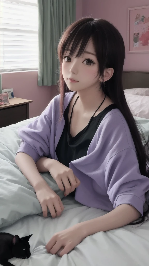 1girl, wariza, wariza sitting, solo, sitting on bed, w sitting, from above, pajama, hand between legs