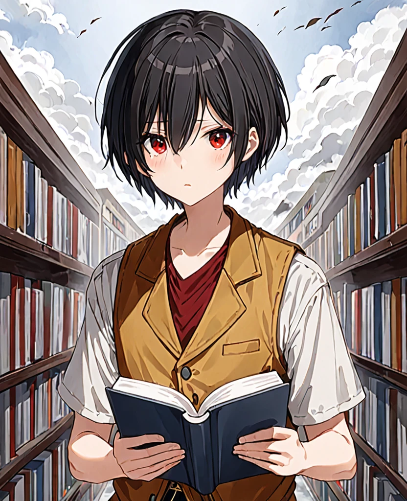 One Man、Black Hair、Hairstyle、Shortcuts、Red eyes、Droopy eyes、whole body、Ocher vest、Please hold the book in your right hand.、cloudy, Hair behind the ear, Asymmetrical bangs、 short hair, Red eyes, First Person View, Ultra-high resolution, Very detailed, Mole under the eye