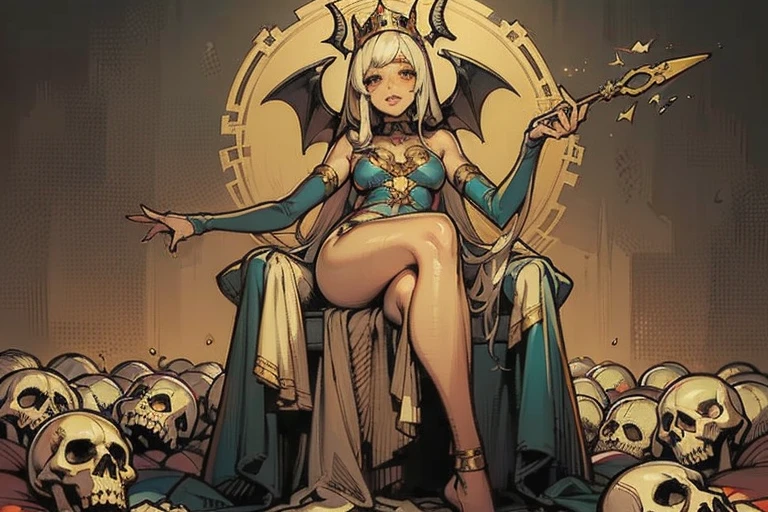 A painting of a woman sitting on a throne surrounded by demons, everyone, Queen of Hell, Wearing a crown of skulls, Gweitz, scary queen of death, Gweitz masterpiece, Decorated with demon skulls, White horned queen demon, Goddess of Death, by ヤン・J, Detailed anime artwork, Anime fantasy artwork, Devil Girl, Anime fantasy illustration