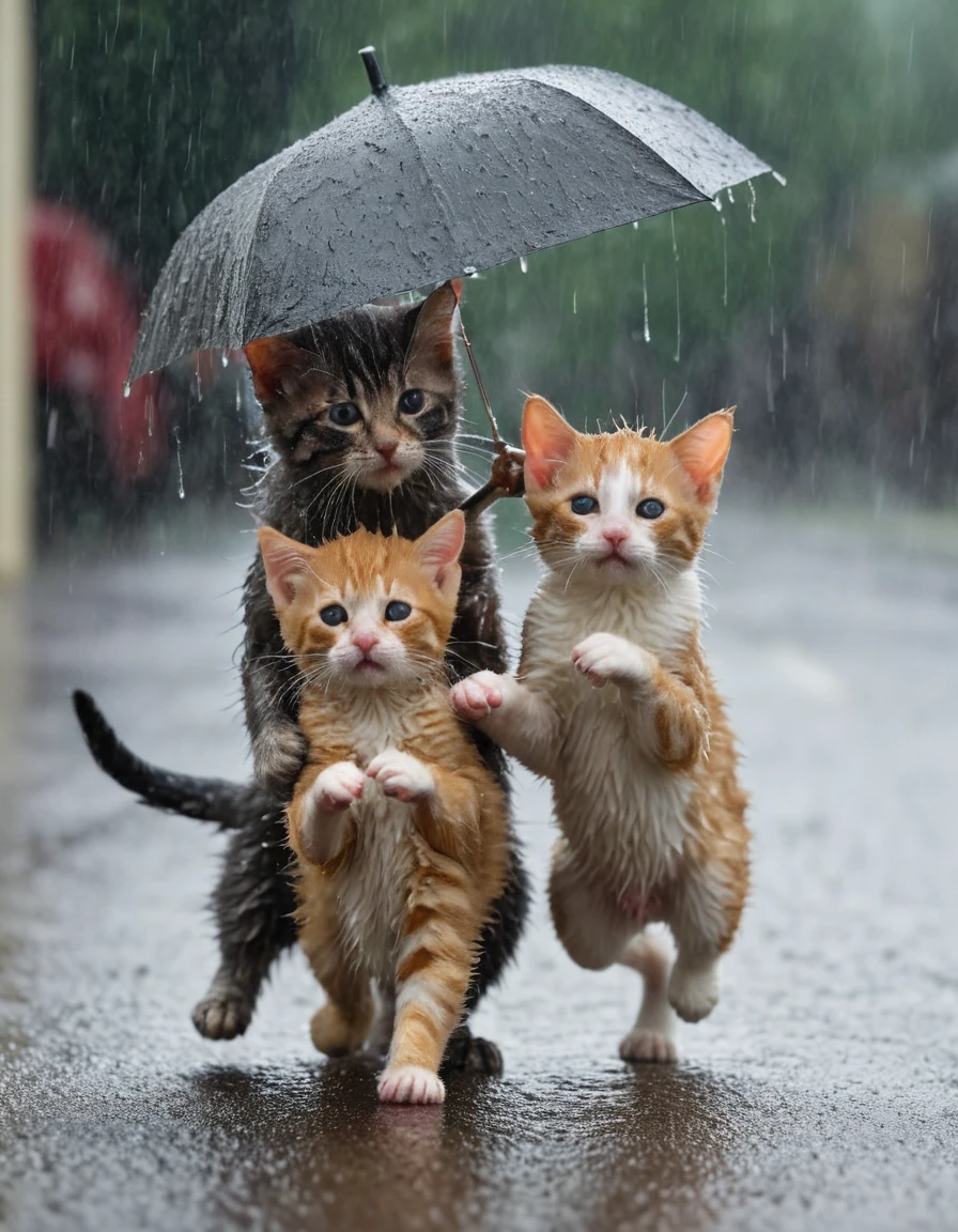 there are many cats that are walking in the rain with a mouse, it's running between a storm, in a rainy environment, on a rainy day, heavy raining, in the rain, raining award winning photo, ultra realistic picture, real-life tom and jerry, kittens, !!! cat!!!, during a storm, winner of the year's best photo, cats