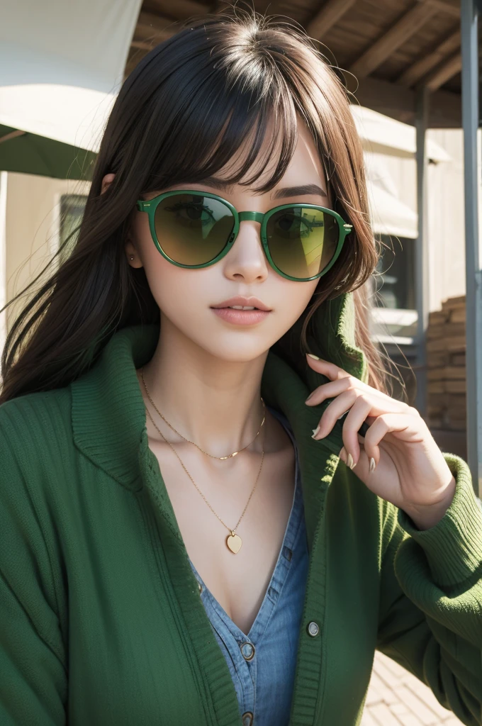 masterpiece, (photoGenuineistic: 1.4), highest quality, Beautiful lighting, Japanese , alone, jewelry, Earrings, (black eye、Big eyes、Baby Face:1.2), (Brown Hair、short hair、bangsが揃っている:1.2), Outdoor, Big Breasts, Scapula, Glowing Lips,smile、sunset,Genuine, bangs, (Golden ratio face、plump lower lip、Pink Lips:1.4)、fine grain、Detailed nose、Fine ears、Shiny lip detail、Color Stone Necklace, (Big Breasts、Big Ass:1.6),(CG Unity 8k high resolution wallpaper), Complex, Attention to detail, Sharp focus, dramatic, beautiful girl,(The water surface is reflected、Blurred Background、Starry Sky、Big plane、Night view:1.6)、(Brown Hair、short hair、Hair Bun、bangsが揃っている:1.2)、BREAK (from the front:1.8)、Smile、(Large black-rimmed glasses、Green Lens、sunglasses:1.4)