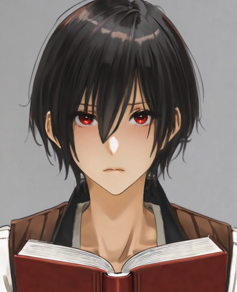 One Man、Black Hair、Hairstyle、Shortcuts、Red eyes、Droopy eyes、whole body、Ocher vest、Please hold the book in your right hand.、cloudy, Hair behind the ear, Asymmetrical bangs、 short hair, Red eyes, First Person View, Ultra-high resolution, Very detailed, Mole under the eye