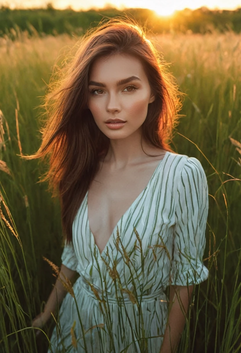 a woman standing in a field of tall grass with the sun setting, gorgeous woman, cinematic beautiful natural skin, attractive woman, attractive girl, photo of a beautiful woman, gorgeous attractive face, extremely beautiful face, in a field, beautiful female model, portrait of a beautiful model, soft portrait shot 8 k, beautiful delicate face, a beautiful young woman, attractive beautiful face
