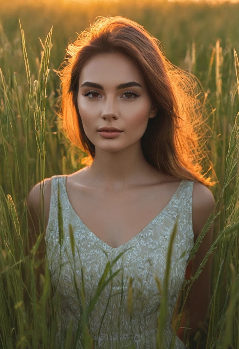 a woman standing in a field of tall grass with the sun setting, gorgeous woman, cinematic beautiful natural skin, attractive woman, attractive girl, photo of a beautiful woman, gorgeous attractive face, extremely beautiful face, in a field, beautiful female model, portrait of a beautiful model, soft portrait shot 8 k, beautiful delicate face, a beautiful young woman, attractive beautiful face
