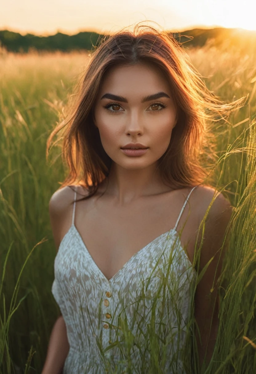 a woman standing in a field of tall grass with the sun setting, gorgeous woman, cinematic beautiful natural skin, attractive woman, attractive girl, photo of a beautiful woman, gorgeous attractive face, extremely beautiful face, in a field, beautiful female model, portrait of a beautiful model, soft portrait shot 8 k, beautiful delicate face, a beautiful young woman, attractive beautiful face
