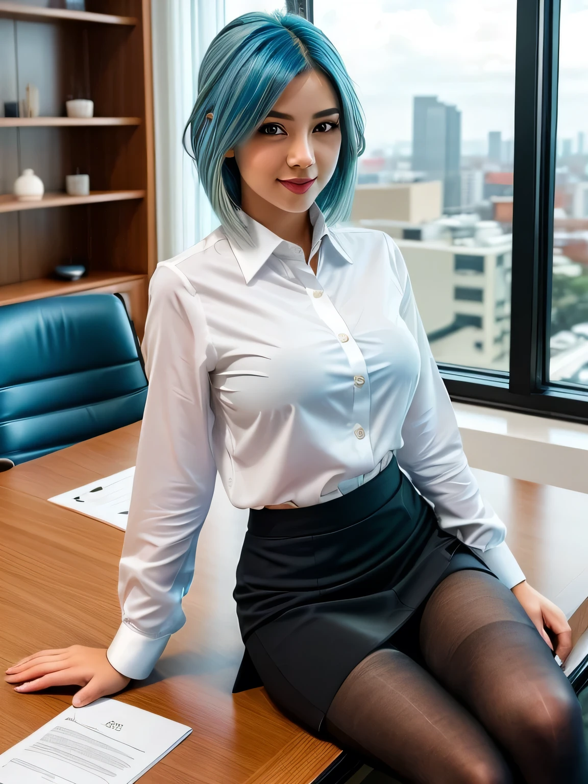 A malay office worker wearing a tudung and flashing her tits on camera on a work video call, collared shirt, blazer, lingerie, business attire, baju kurung, nipples visible, leaning forward, showing boobs