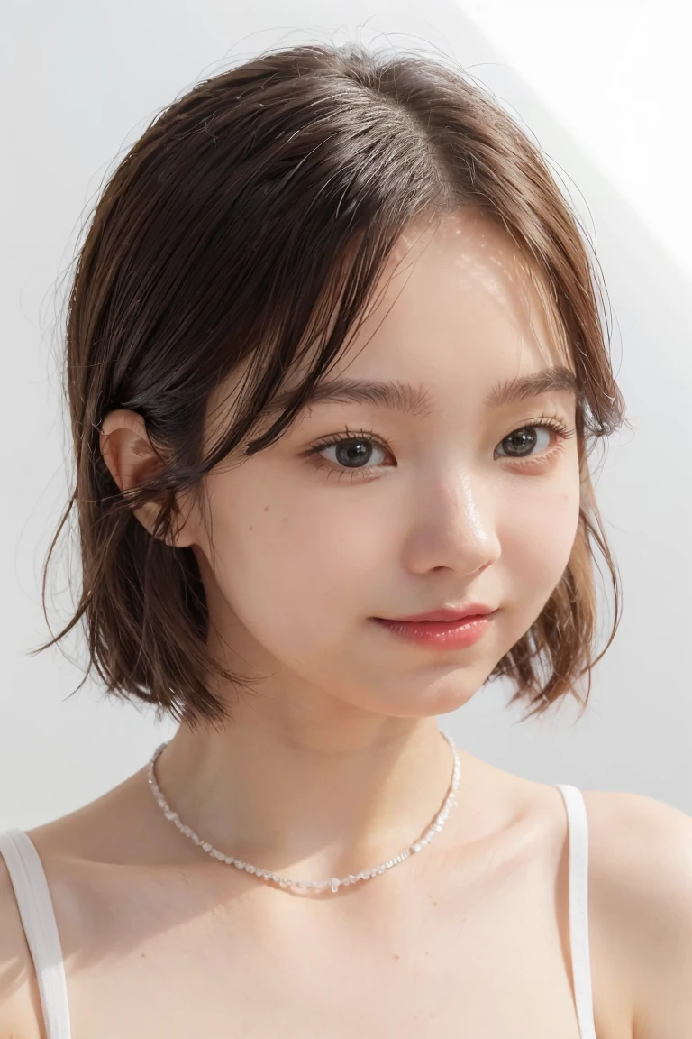 A girl with short dark brown hair with brown eyes. She has small eyes and nose, pretty average lips. The girl has like 5 piercing on each ear. make her look like pixar character