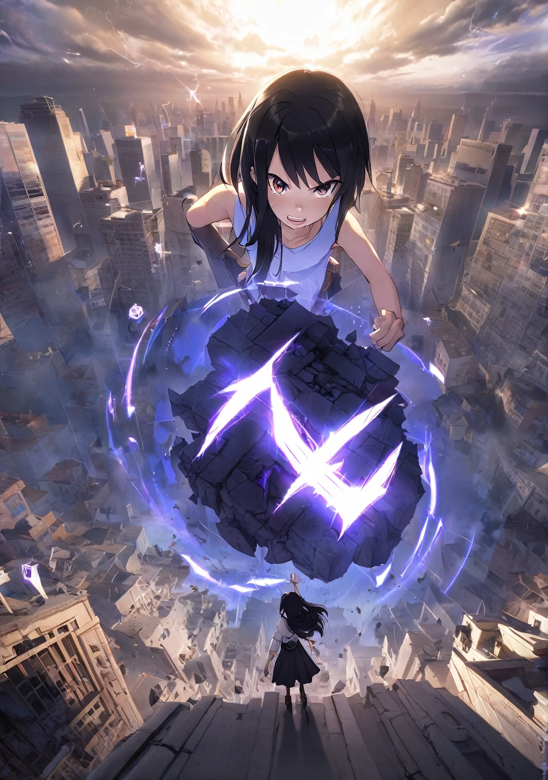 Breathtaking graphics, angle from the ground, shooting epic shots: a huge magic rune hovering over the city, breathtaking landscapes and impressive lighting effects that create impressive visual impressions, the destruction of the city, ((view from the ground: 1.2)), ((a girl with black hair in the foreground:1.2))