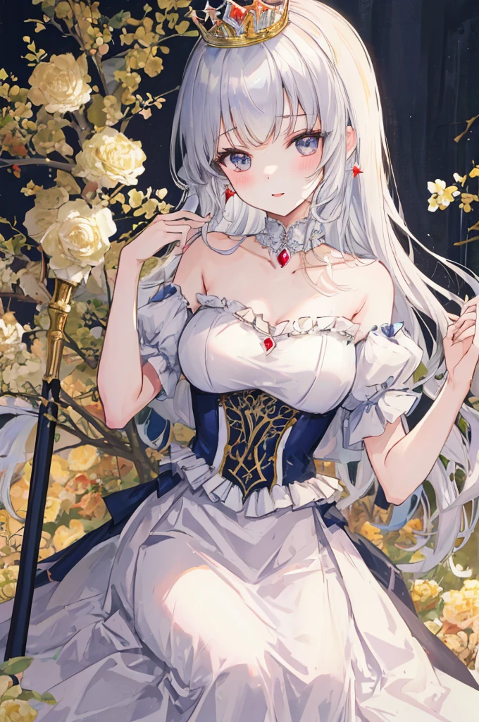 (masterpiece, best quality1.2),illustration,8k,hd,1girls,solo,hand up,(portrait:1.2),long_hair,large_breasts,red_eyes,very_long_hair,bangs,twintails,ribbon,grey_hair,cleavage,hair_ribbon,two-tone_ribbon,between_breasts,black_dress,dress,frills,bare_shoulders,frilled_dress,long_sleeves,two-tone_dress,jewelry,earrings,