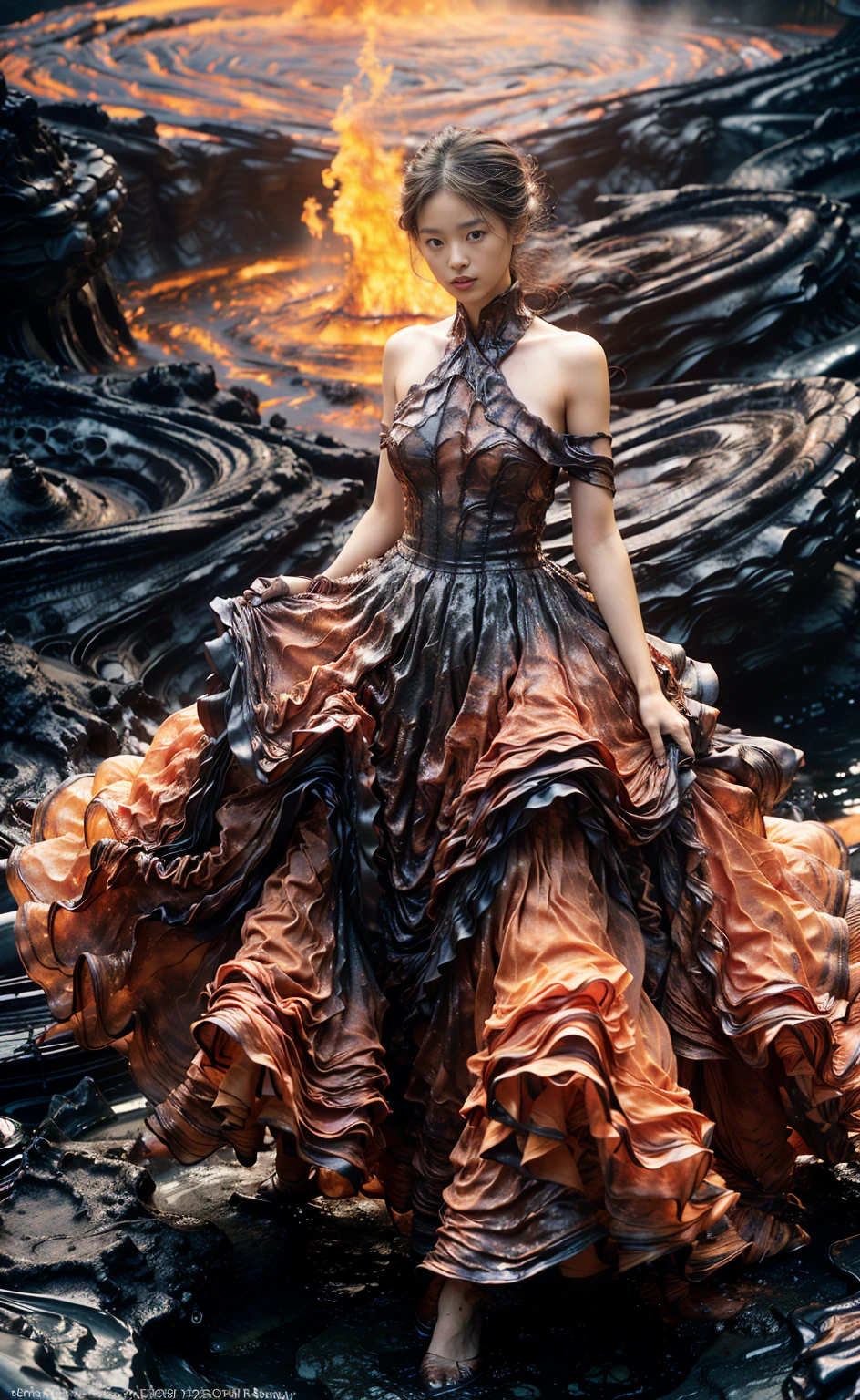 (8K, RAW photo, Best quality,Masterpiece:1.2),(Realistic, photo-realistic:1.37), 1girll,Long legs, full bodyesbian,(molten lava:1.3),Ocean,Dress made of roses，a volcano eruptagma flow，Infrared photography, 1.4x realism，UHD，textured skitomy correct，Accurate and perfect Korean female face，Golden ratio)