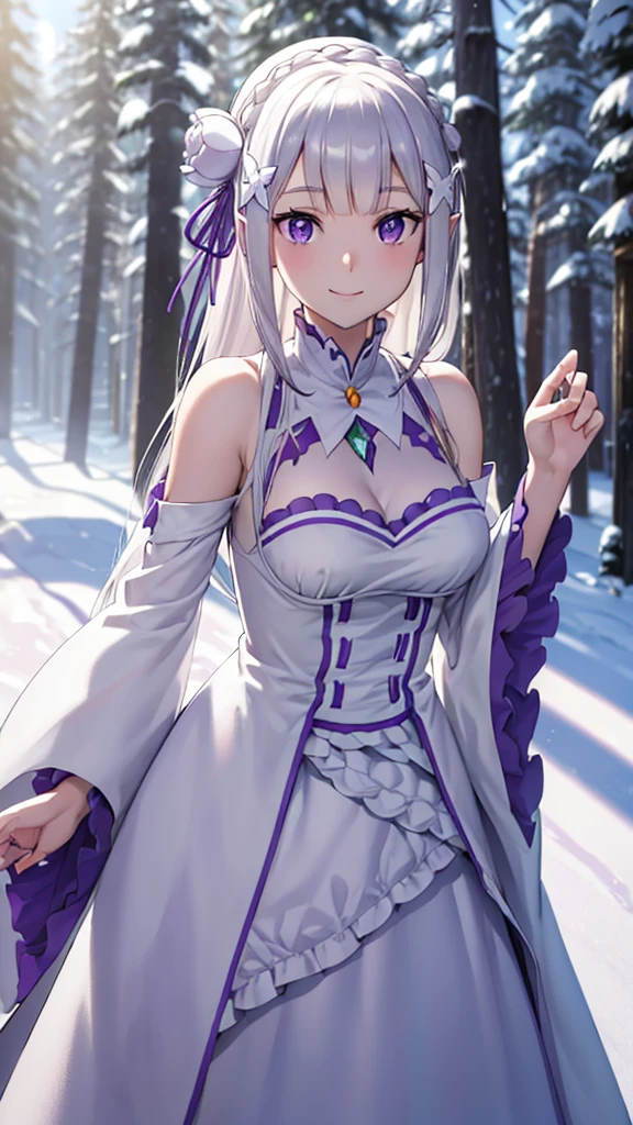 (masterpiece:1.3), (Highest quality:1.1), (8K, Super detailed, ultra high Agains:1.2), ((Anime Style)), Perfect hands, Five perfect fingers, Perfect Anatomy, Put your arms behind your back,
One girl,Fully nude,With nipples,マンコ丸見え
Emilia,
Emilia\(Again:zero\),
Long Hair, low-tied Long Hair, Braiding, crown Braiding,
Gray Hair,
(Purple eyes:1.2), (Beautiful and fine details:1.2),
Pointed Ears,
flower, hair flower, hair ornaments, Hair Ribbon, white flower, x hair ornaments,
medium bAgainasts,
(smile:1.3),
BREAK Watch Viewers,
Cowboy Shot,
Perfect light, Outdoor, foAgainst, crystal tAgaines, (snow:1.5), winter,