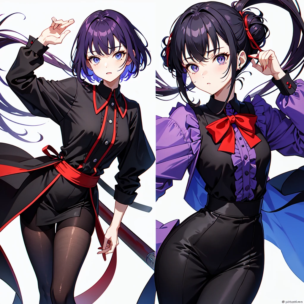 Dressed in maid uniform ,　Mature face,tall, Wearing black tights,Blue Eyes,Updo, Braided Hair,　 The skin is hidden　and gradient hair, (Ink blotches:1.1), (pale:1.2),(Light purple:1.2),(Red/Black:1.2), I was wearing long pants,cool,Dressed in a black robe, Toned body, one big woman, Nervous,Cowboy Shot, sketch (Character design sheet, same characters, whole body, Three-View, front, ~ ~ ~ side, return),(Very bright:1.1), White Background, [1 Girl:7], (Tilt your head:1.2), ([sketch|watercolor \(Moderate\)]:1.15),Chaotic Abstract Background, Vector Trace, Gradient Blending, Bright colors, that&#39;wonderful, Very detailed, Complex, (Very low contrast:1.4