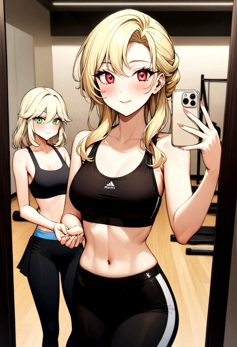 (masterpiece),best quality:1.5, ultra-detailed, high resolution, high quality, 16K, ((2heads:1.5)), ((brown hair)), ((blonde hair, (different hair colors), long hair, (bikini), (1girl), conjoined twins, ((black tank top)) (midriff-revealing tank top), (sexy silhouette), futuristic city street, lustrous and smooth skin, (mature woman), seductive silhouette, ((slim hips)), casual hot pants , sexy proportions, Beautiful girl with accentuated slender abs, seductive woman, lustrous woman, (detailed eyes), seductive smile