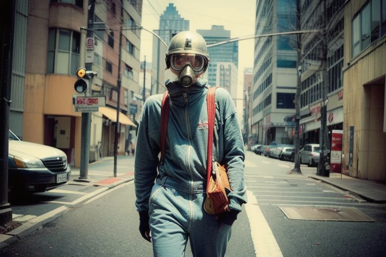 (masterpiece: 1.2, Highest quality), Skull and gas mask fusion、Full gas mask、Helmet、Creepy Appearance, Unique atmosphere、coveralls overalls beautiful girl、whole body,Black combat boots、Big black hand
