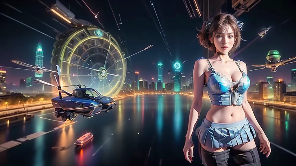 At night, dark sky, (((aerial view of futuristic sci-fi cyberpunk city, skyscrapers, (((((flying vehicle))))), (vortex-spirit-spreading giant ghost hologram (((clock tower))) as time machine), high quality))). Matrix style, (1girl, solo), photo realistic, (((large-breast:1.2 slim body, cleavage:1.3, tube top, very short pleated (((miniskirt))) exposing panty))), (((((matrix style black (((sunglasses))), aiming at camera with a (laser weapon):0.3))))), (((dynamic pose, half-body (thigh level) medium shot))), cinematic lighting.