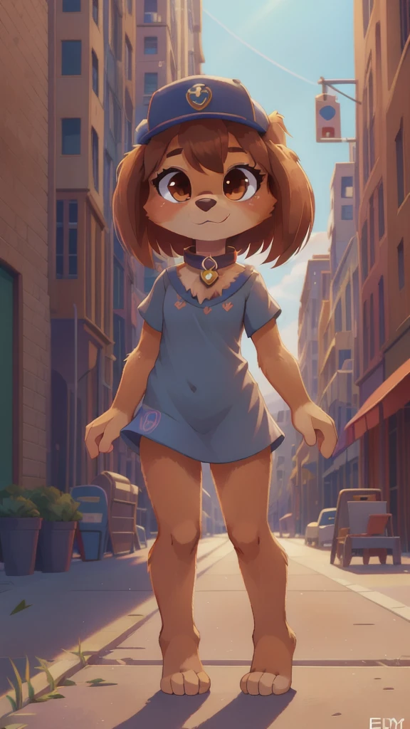 Liberty, dog, furry girl, brown eyes, brown hair, rect hair, two tone body fur, brown body fur, clear brown body fur, detailed body fur, detailed body, detailed face, detailed eyes, glistering body, shiny body, skinny, (best quality), cinematic lighting, looking at viewer, anime style, full body, feets with three toes, 1girl, :3, tiny body, short body, {liberty paw patrol}, female, ((solo)), standing, standing, street, front view, ((Liberty top wear, Liberty headwear, Liberty collar)), nude,