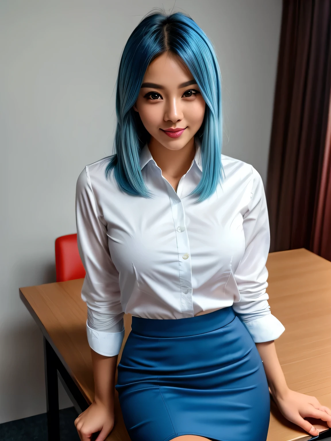 (blue hair:1.4), short hair, realistic green eyes, cobalt hair, long bob hair, tousled hair, shoulder length hair, Full body, woman with white skin and Asian features, 24 year old, big breast. She has a small, elegant nose with a slight upward curve at the tip. Her lips are full and naturally pink, with a well-defined Cupid's bow. Her teeth are straight and white, enhancing her captivating smile. Her face has an oval shape with high cheekbones that add to her model-like appearance. (crack), detailed (texture!, shine, color!!, flaws: 1.1), highly detailed glowing eyes, (looking at camera), specular light, dslr, extreme quality, crystal clear, cute face, detailed skin pores, oil Dark skin, brown, complex eye details, she is far from the camera, A full-body portrait, captured from a distance. Dynamic Frame, 8K, (8k、RAW photo、highest quality、masterpiece:1.2)、character focus、、cute、(Office Lady:1.2)、(short bob:1.2)、gentle smile、Shiny skin、(beautiful leg line)、(blouse、pencil skirt、black stockings:1.2)、high heels、Transparent skin、High transparency、(shiny)、beautiful thighs、office interior、Bokeh、