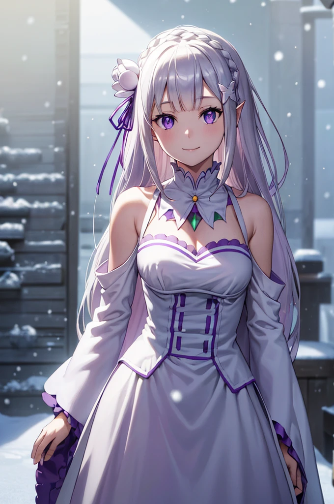 (masterpiece:1.3), (best quality:1.1), (8k, ultra detailed, ultra high res:1.2), ((anime style)), perfect hands, perfect 5 fingers, perfect anatomy, arms behind back, 
1girl,
emilia, 
emilia\(re:zero\),
long hair, low-tied long hair, braid, crown braid, 
white hair, 
(purple eyes:1.2), (beatiful detailed eyes:1.2), 
pointy ears, 
flower, hair flower, hair ornament, hair ribbon, white flower, x hair ornament, 
medium breasts, 
dress, pink dress, bare shoulders, detached collar, long sleeves, shoulder cutout, wide sleeves, white sleeves, 
(smile:1.3), 
BREAK looking at viewer, 
upper body, 
perfect light, outdoor, forest, crystal trees, (snow:1.5), winter, 