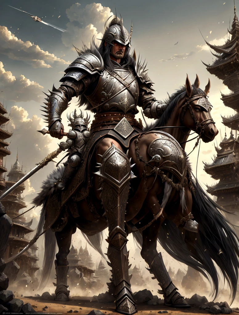 General Kraus, Wearing leather armor、Leather protectors，Holding a Mongolian scimitar, Highly detailed characters, Mongolian man with high cheekbones，Clear and refined face，Mongolian Cavalry，The generals of the Ming Dynasty had white tassels or feathers on their helmets，Norse epic hero, Muscular man with war god tattoo, Riding on horseback, Portrait photography style，Light, (Extremely detailed CG 8k wallpaper), The most beautiful works of art in the world - full body photos, original皮甲, Mongolian small shield，Human Portrait, hunter, Animal hides，brutal，original, macho man, Ed Blinkey (Ed Blinkey) Magnificent professional oil paintings created, Artie Guerlain, Studio Ghibli, Courtesy of Jeremy Mann, Greg Manches, Antonio Moro, Art Station Trends, Social Trends, Wheels within wheels, High Detail, sharp focus, Dramatic and realistic art by Midjourney and Greg Rutkowski, Horse has armor，Charge and Slash