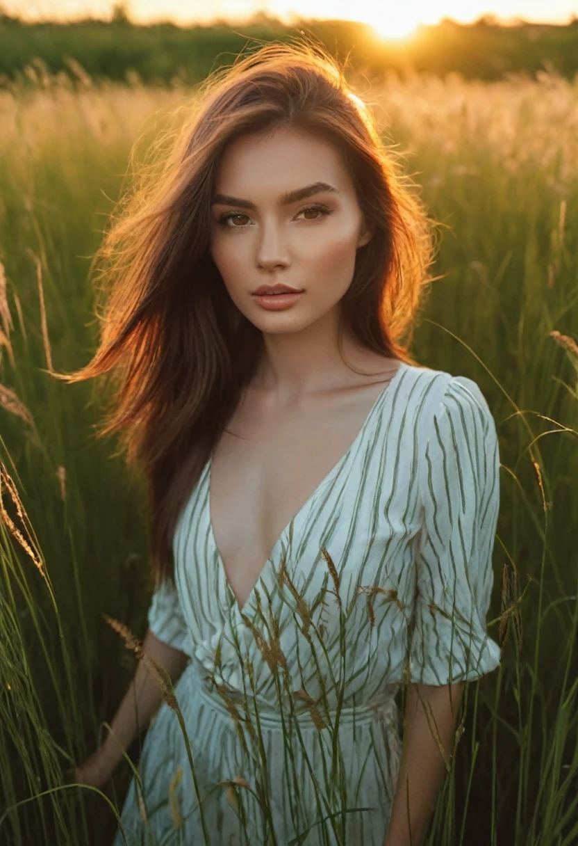 a woman standing in a field of tall grass with the sun setting, gorgeous woman, cinematic beautiful natural skin, attractive woman, attractive girl, photo of a beautiful woman, gorgeous attractive face, extremely beautiful face, in a field, beautiful female model, portrait of a beautiful model, soft portrait shot 8 k, beautiful delicate face, a beautiful young woman, attractive beautiful face
