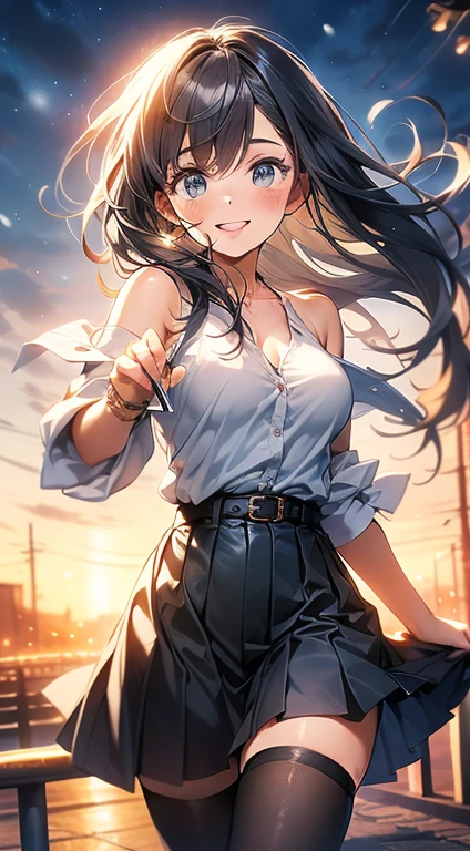 ((masterpiece, Highest quality, High resolution, 超High resolution, Pixel Perfect, Depth of written boundary, 4K, RTTX 10.0, Human Development Report))), One Girl, single, alone, beauty、View the whole body、 ((Long Hair, Short Liuhai, Black Hair)), ((blue eyes, Beautiful eyelashes, real目)), ((Detailed face, blush:1.2)), ((Smooth texture:0.75, real质感:0.65, real:1.1, Anime CG Style)), Large Breasts, Perfect body, (( student,White shirt,Open the buttons on your shirt,Bare shoulders,Checked skirt,black tights)), smile, attractive way to sit,tea, (The wind blows hair，Bare shoulders、Expose your breasts、black tights) , It snows heavily at night