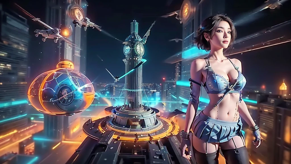 At night, dark sky, (((aerial view of futuristic sci-fi cyberpunk city, skyscrapers, (((((flying vehicle))))), (vortex-spirit-spreading giant ghost hologram (((clock tower))) as time machine), high quality))). Matrix style, (1girl, solo), photo realistic, (((large-breast:1.2 slim body, cleavage:1.3, tube top, very short pleated (((miniskirt))) exposing panty))), (((((matrix style black (((sunglasses))), aiming at camera with a (laser weapon):0.3))))), (((dynamic pose, half-body (thigh level) medium shot))), cinematic lighting.