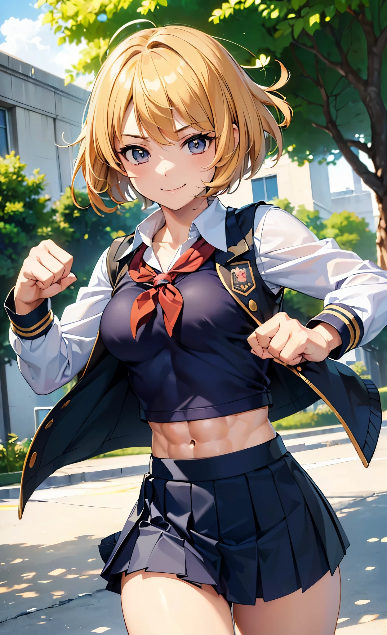 (Highest quality:1.2, High detail, masterpiece:1.2, Best aesthetics), (1 Girl), Cowboy Shot,red jacket,white shirt,white miniskirt,black long socks,brown heels,blue tie,Kushida kikyou, Beautiful detailed eyes, Beautiful detailed lips, Highly detailed face, Detailed Fashion, elegant, luxury, High quality fabric, Shine, Shine, smile, Random Pause, Dutch Angle, bedroom, night, Dramatic lighting, Cinematic, Bright colors, Intricate details, Chiaroscuro lighting.,large breasts ,blonde hair, light purple eyes,red nails,finger in mouth,phone close to ear,lift her jacket a little to show her abs,abs,show her stomach,lift her shirt