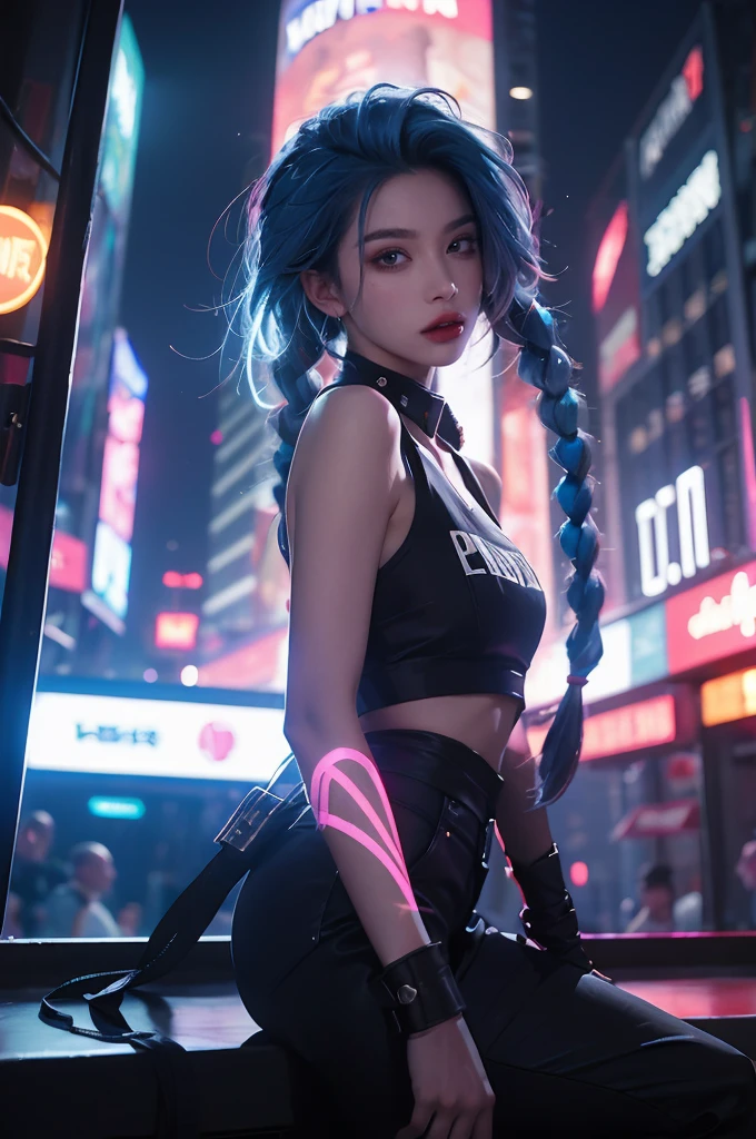 1 girl, solo, (nsfw), cute redhead 18-year-old girl in twin tails, ((perfect female body)), (cute face make up), multiple (rainbow colored hair: 1.2), (beautiful detailed blue eyes: 1.6), (photo realistic eyes: 1.6), happy, Ukrainian, (petite body), ((small hips)), pale white skin, (mini skirt and tube top), (matte pantyhose: 1.6), (("TRON LEGACY futuristic city" style background)), (night time:1.2), photo realistic.