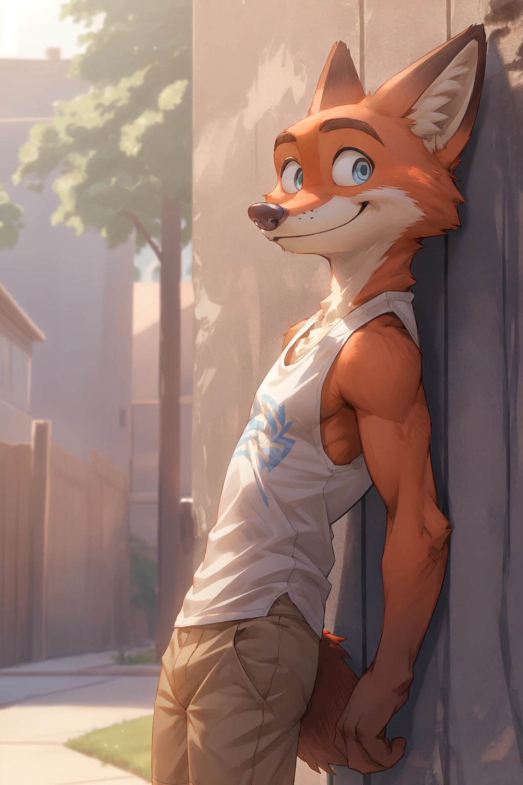 Nick wilde, fox, skinny, muscular, wearing a black tank top, wearing khaki shorts, leaning up against a wall, happy, blue eyes, hd 8k