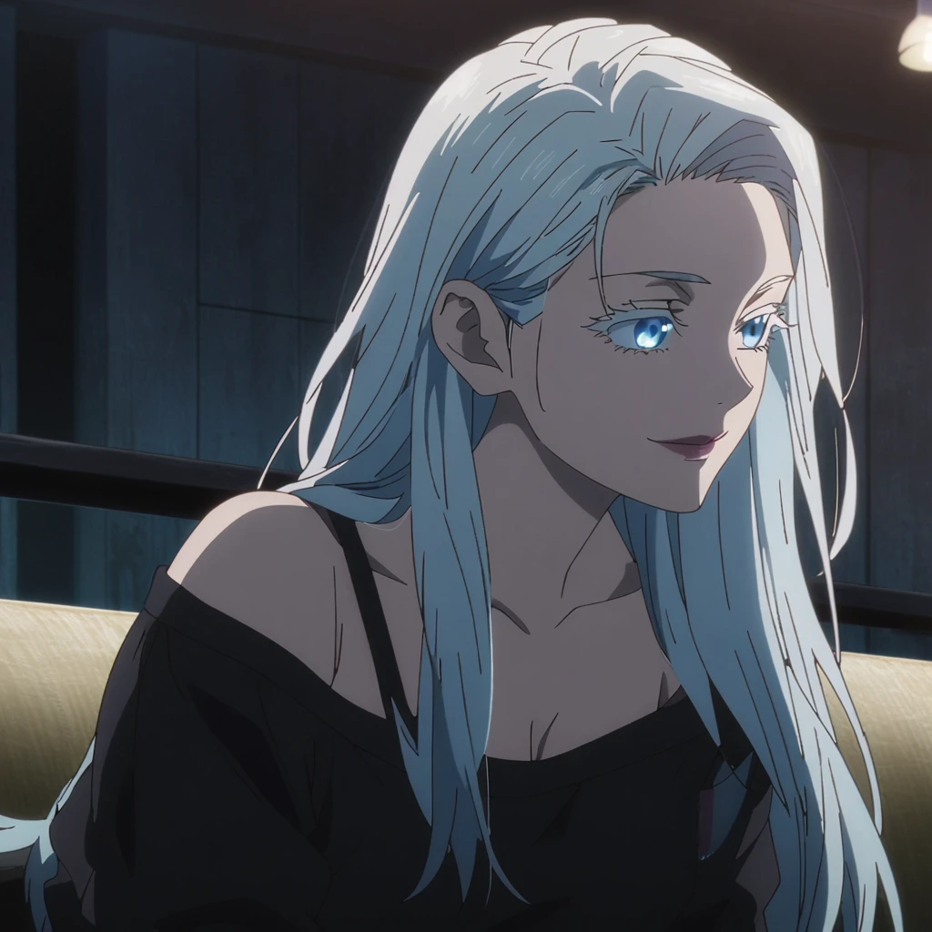 1girl, female gojo satoru, anime screencap from jujutsu kaisen, gojo satoru female version, solo, very long_hair, ((The hair is styled with part of it pulled back and the rest cascading down her back)) blue eyes, ((white eyelashes)), ((very long white_hair)), night view, breasts, upper_body, smile, indoors, book, bangs, blue_eyes, lips, (wearing round sunglasses)  wearing black color sweater off the shoulder, breast, "very detailed and high resolution" (blue eyes) ((smooth texture hair)) ((solo)) ((high resolution)) ((upper body)) (Good quality)  cleavage, (sitting)