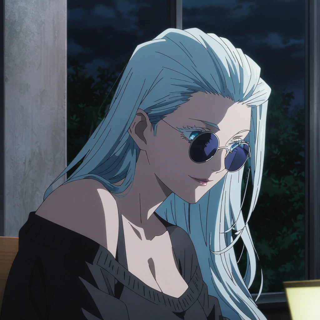 1girl, female gojo satoru, anime screencap from jujutsu kaisen, gojo satoru female version, solo, very long_hair, ((wavy hair, hair slicked back)) blue eyes, ((white eyelashes)), ((very long white_hair)), night view, breasts, upper_body, smile, indoors, book, bangs, blue_eyes, lips, (wearing round sunglasses) (( very long hair, slicked back)) wearing black color sweater off the shoulder, breast, "very detailed and high resolution" (blue eyes) ((floating hair))  ((smooth texture hair)) ((solo)) ((high resolution)) ((upper body)) (Good quality)  cleavage, (sitting)