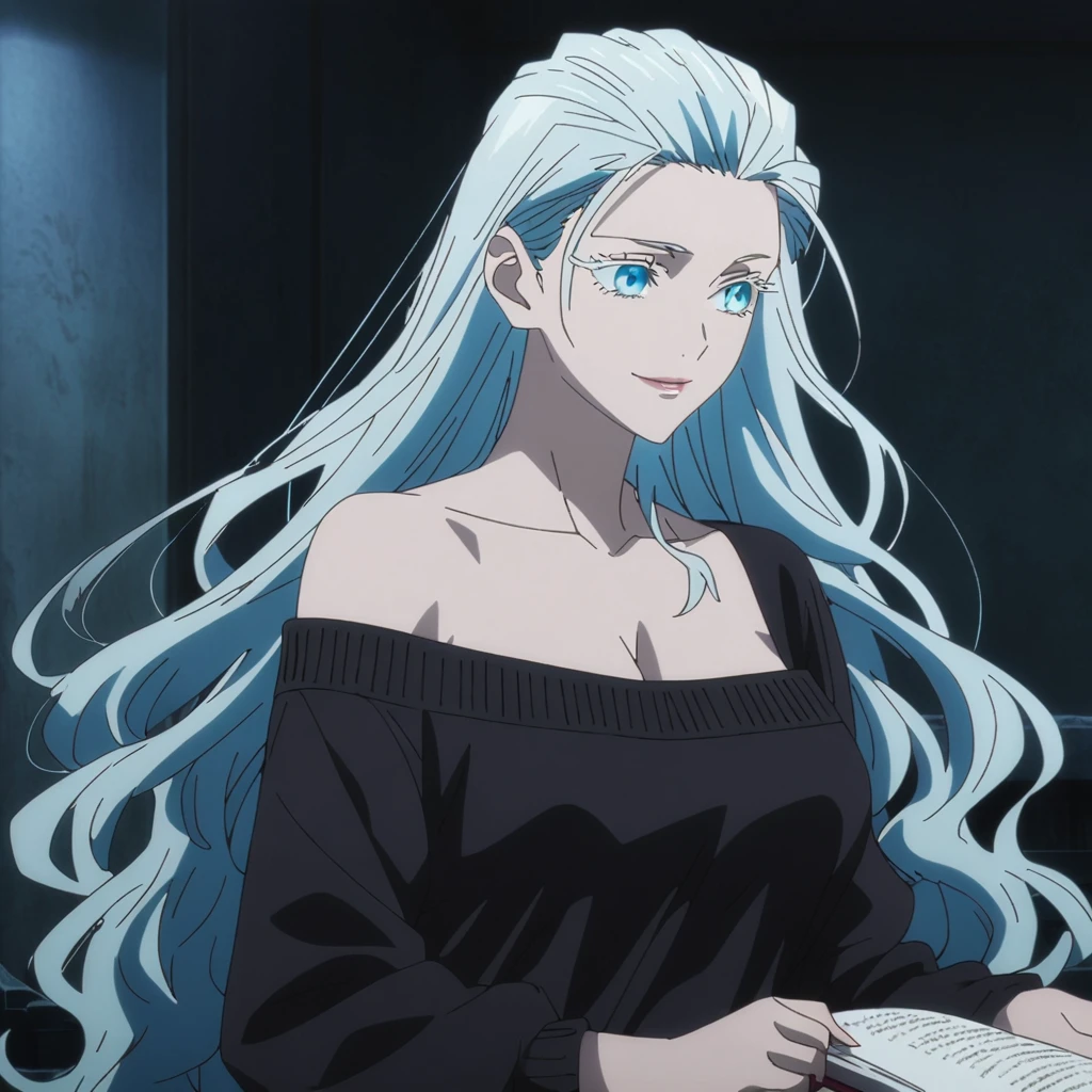 1girl, female gojo satoru, anime screencap from jujutsu kaisen, gojo satoru female version, solo, very long_hair, ((wavy hair, hair slicked back)) blue eyes, ((white eyelashes)), ((very long white_hair)), night view, breasts, upper_body, smile, indoors, book, bangs, blue_eyes, lips, (wearing round sunglasses) (( very long hair, slicked back)) wearing black color sweater off the shoulder, breast, "very detailed and high resolution" (blue eyes) ((floating hair))  ((smooth texture hair)) ((solo)) ((high resolution)) ((upper body)) (Good quality)  cleavage, (sitting)