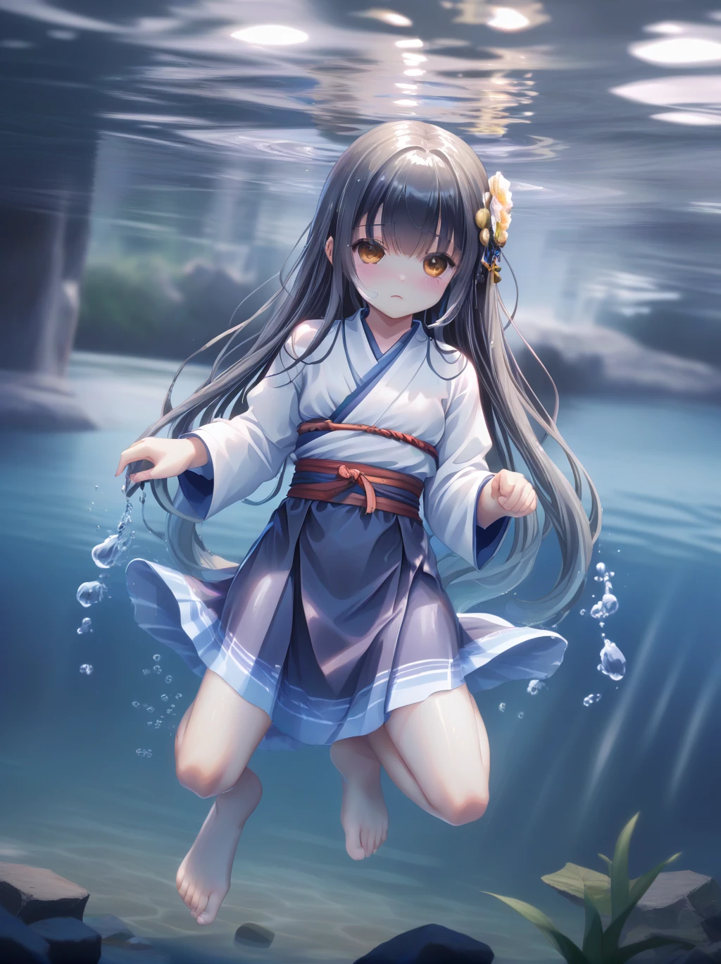  partially underwater, lakeの女神, Long Hair, Wet Hair,
lake,Dark Background, Blurred Edges,8--old、t Chest、skirt、Above the neck above the water、Body in water, Underwater Photography、浮力でskirtがめくれる