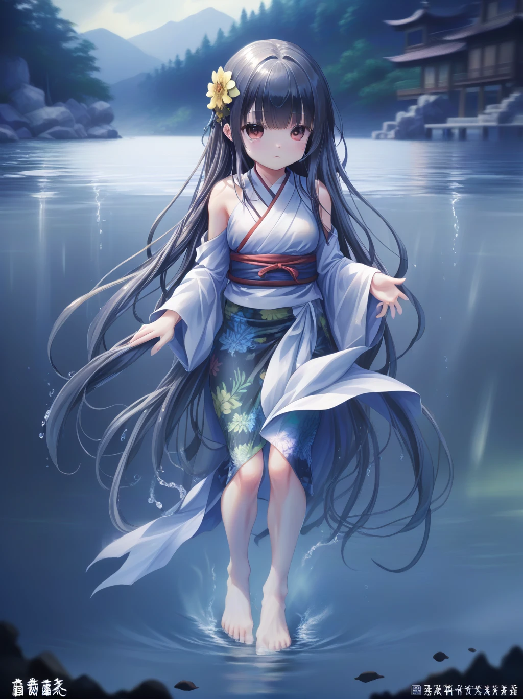  partially underwater, lakeの女神, Long Hair, Wet Hair,
lake,Dark Background, Blurred Edges,8-year-old、Flat Chest、skirt、Above the neck above the water、Body in water, Underwater Photography、浮力でskirtがめくれる