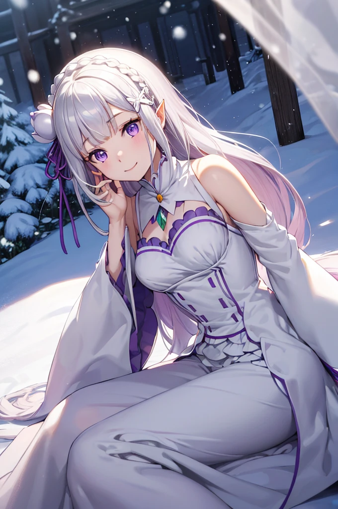 (masterpiece:1.3), (best quality:1.1), (8k, ultra detailed, ultra high res:1.2), ((anime style)), perfect hands, perfect 5 fingers, perfect anatomy, dynamic pose, leaning forward, standing, 
1girl,
emilia, 
emilia\(re:zero\),
long hair, low-tied long hair, braid, crown braid, 
white hair, 
(purple eyes:1.2), (beatiful detailed eyes:1.2), 
pointy ears, 
flower, hair flower, hair ornament, hair ribbon, white flower, x hair ornament, 
medium breasts, 
dress, pink dress, bare shoulders, detached collar, long sleeves, shoulder cutout, wide sleeves, white sleeves, 
(smile:1.3), 
BREAK looking at viewer, 
upper body, 
perfect light, outdoor, forest, crystal trees, (snow:1.5), winter, 