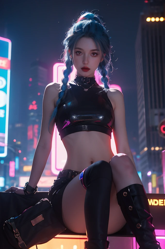 ((Best Quality)), ((Masterpiece)), (High Definition:1.3), 3D, Beautiful (Cyberpunk:1.3) Colored hair, black clothes looking at camera, young, hacker woman showing big breasts, sticking out, sexual, seduction, buttocks, crotch, white liquid on it, neo tokyo