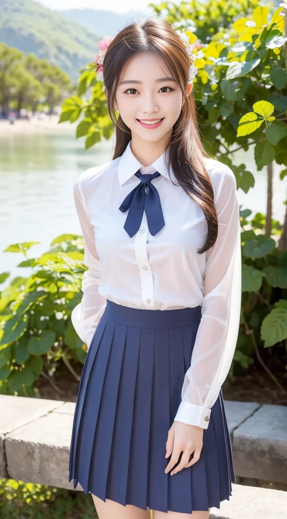 (Highest quality、Ultra-high resolution、８ｋ、masterpiece:1.3)、Beautiful woman with perfect figure:1.4、Black Hair、all back、((((School Uniform))))、(Pleated skirt)、cute、Highly detailed face and skin、Detailed eyes、double eyelid、Thin legs、The best smile、(((１people)))、Beautiful views、（Sea side）、（Sandy Beach）、beautiful place、The best smile、Extraordinary beauty、Age: 16、Perfect Proportions、whole body、blue sky、Baby Face、