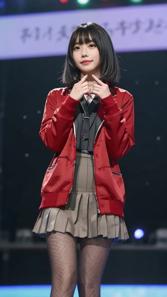 **2girls,The fullbody photo shows an matured Asian idol girl in a  and winter cute coat,cool expression,photo style of nogizaka46,hyper realistic,ultra detailed face,shiny eyes,smiling and making the waving pose with her fingers while posing for photos on stage at some type of event or concert,walking runway.wearing school loafer, surrounded by large images "Girls Award" logo display monitors,She has long black shiny hair styled,see through bangs,wearing a cute dark red fur collar coat over a light blue cardigan underneath and carrying a maroon bow tie around her neck. Her outfit includes a gray pleats mini skirt, black loafer, and she is holding two hand gestures near her face area.skincolor pantyhose,The photo appears to be in the style of a Japanese pop artist.fashion show,girl walking the Runway stage,natural makeup,Snowflake falling at the venue,girl around audience 