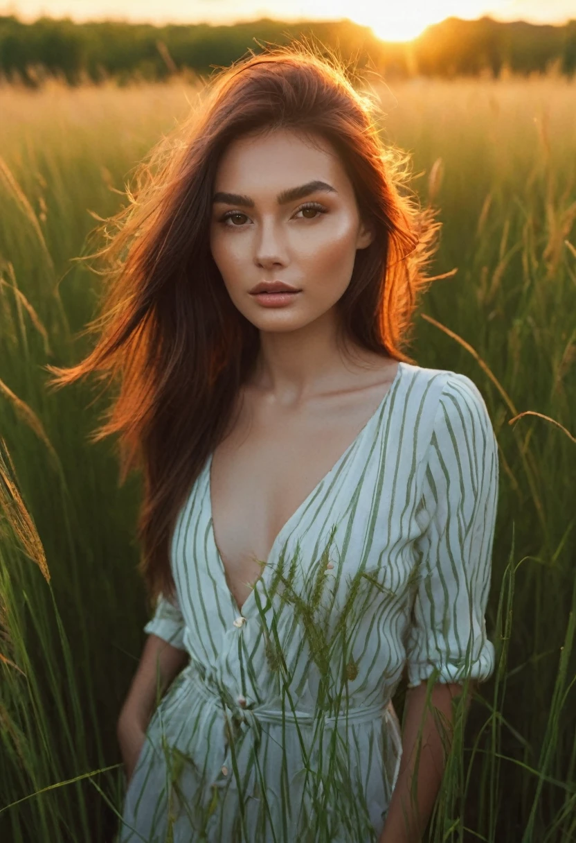 a woman standing in a field of tall grass with the sun setting, gorgeous woman, cinematic beautiful natural skin, attractive woman, attractive girl, photo of a beautiful woman, gorgeous attractive face, extremely beautiful face, in a field, beautiful female model, portrait of a beautiful model, soft portrait shot 8 k, beautiful delicate face, a beautiful young woman, attractive beautiful face
