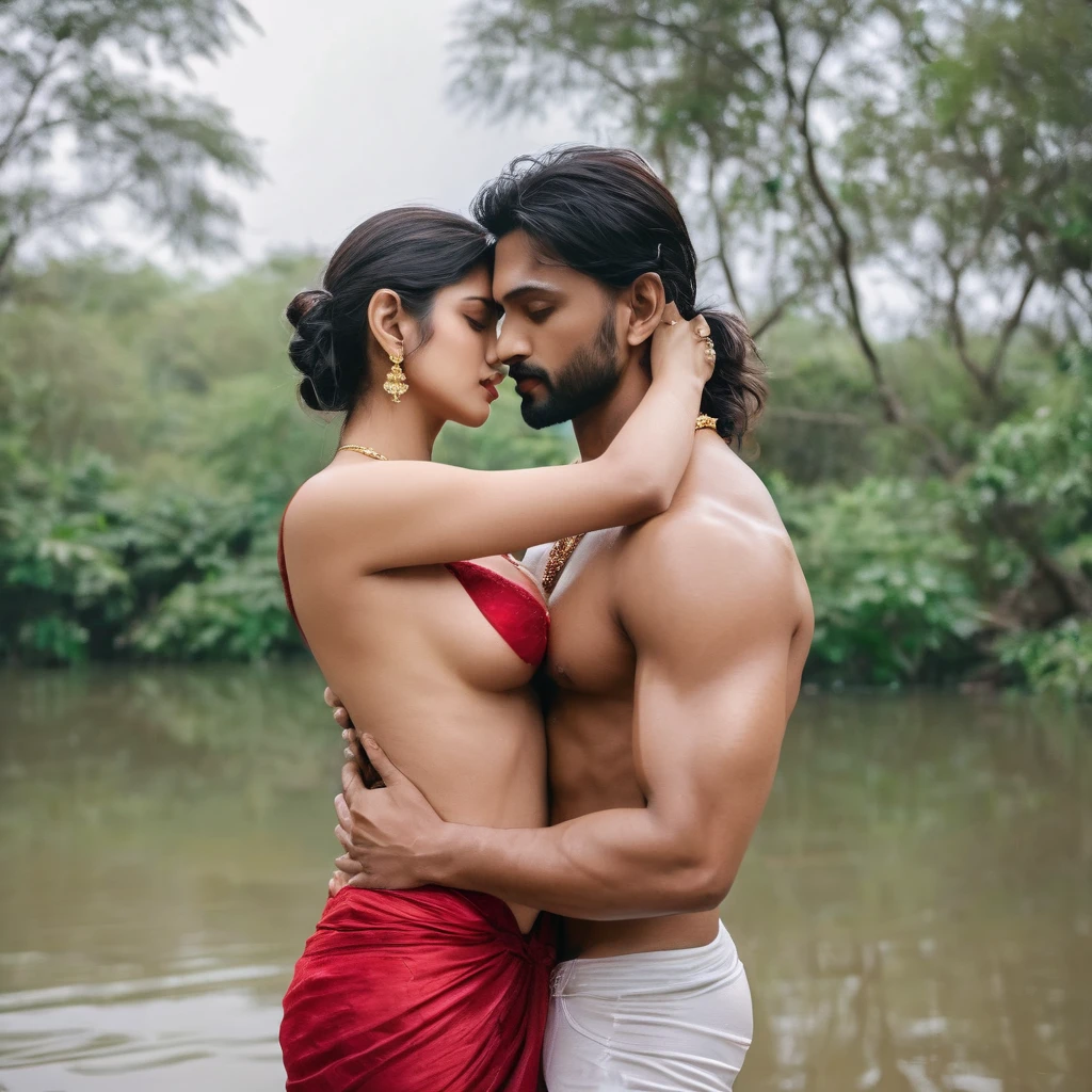 Indian village slim dusky aunty in saree and her son in law kissing her navel