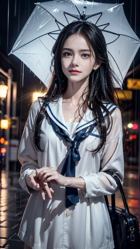 (RAW shooting, Photoreal:1.5, 8k, highest quality, masterpiece, ultra high resolution), perfect dynamic composition:1.2, street corner at night, look up at the sky:1.3, (((Typhoon heavy rain))), Highly detailed skin and facial textures:1.2, Slim high school girl wet in the rain:1.3, sexy beauty, perfect style:1.2, beautiful and aesthetic, Fair skin, very beautiful face, (rain drips all over my body:1.2, wet hair:1.4, wet uniform:1.2), water droplets on the skin, (Medium chest, Chest gap), (embarrassing smile, The expression on your face when you feel intense caress, Facial expression when feeling pleasure), (beautiful blue eyes, Eyes that feel beautiful eros:0.8), (Too erotic:0.9, Bewitching:0.9), cowboy shot, student bag, perfect limbs, perfect fingers