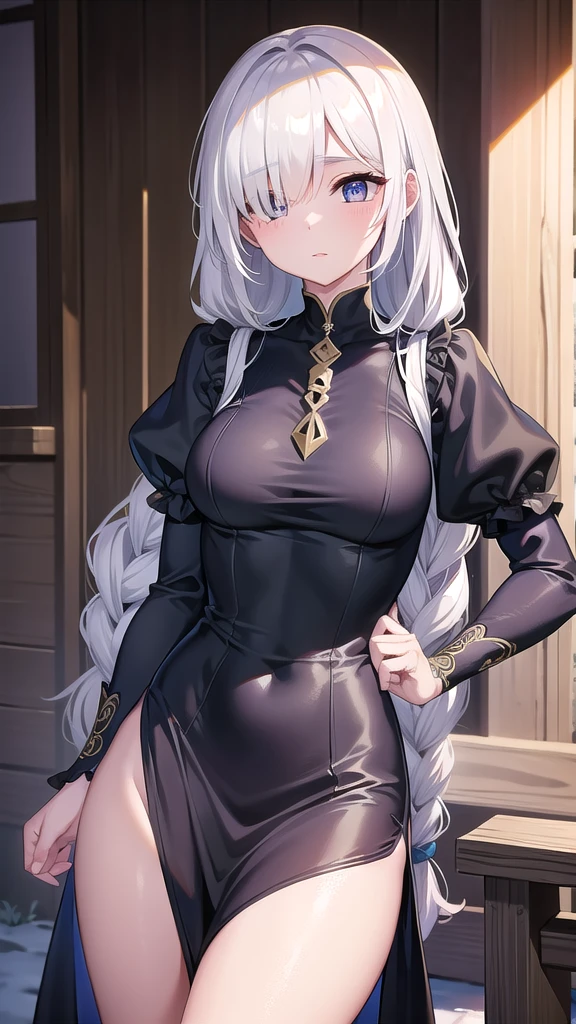 ((masterpiece)), (highest quality), (Simple style),Silver hair, super long, jade green eyes, cheeful, body harness, holster belt, leg belt, white string panties, long dress shirt(All transparent) bra