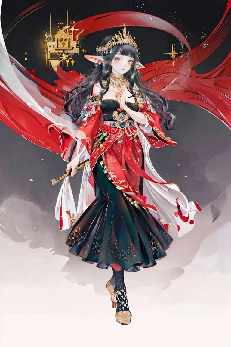 Long black hair and blue eyes，Girl in red，Tulle Skirt，Metal body decoration，There is a pure gold metal necklace around the neck，The headdress is a golden decoration of the image of Medusa，With bangs，Poker face，Elf ears，Very tall，Royal sister，Cool temperament，Big breasts，Red high heels，Repairing the hands，Cool standing posture，Red translucent veil