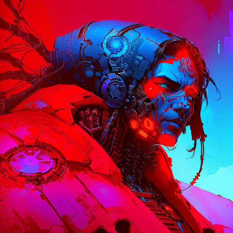 illustration of a man with a blue face and a red background, cyberpunk art style, detailed cyberpunk illustration, psychedelic organic cyborg, advanced digital cyberpunk art, cyberpunk themed art, cyberpunk artstyle, cyberpunk horror style, cyberpunk illustration, cyberpunk art, cyberpunk vibrant colors, detailed portrait of a cyborg, deep cyberpunk mechanoid, cyberpunk digital art, cyberpunk digital painting, cyberpunk comic cover art